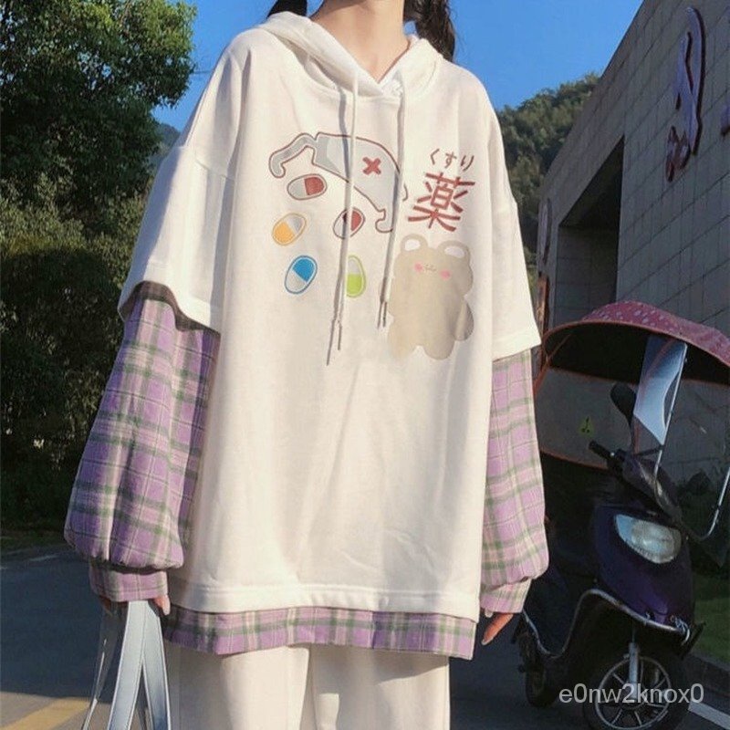 HOUZHOU Kawaii Anime Plaid Hoodie Japanese Streetwear Soft Girl Cute Aesthetic Teens Long Sleeve Ove