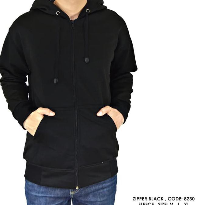JAKET COWOK JAKET SWEATER HOODIE ZIPPER RESLETING HITAM POLOS COWOK PRIA - Hitam, XL