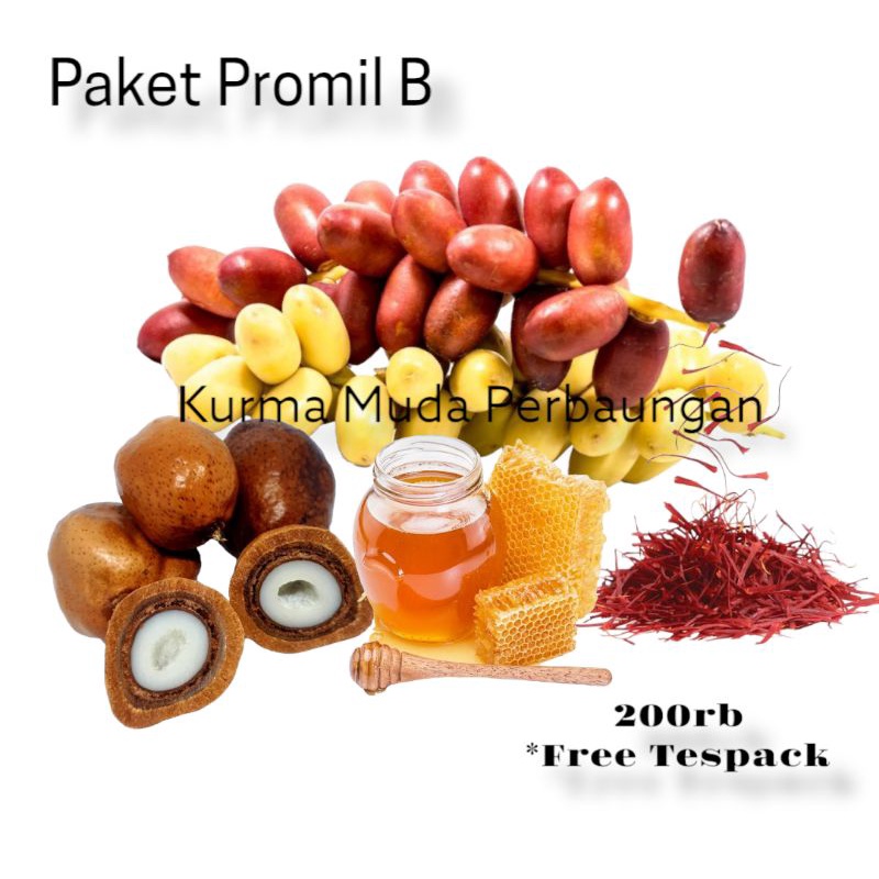 

Paket Promil B (kurma muda 500gr + 250gr buah zuriat + 0,1gr saffron + 100ml madu) free tespack