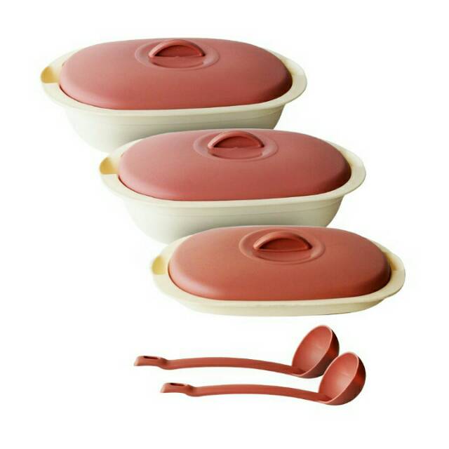 Green Leaf Verona Wadah Saji Sayur set 3 pcs Tutup pink Tempat putih gading