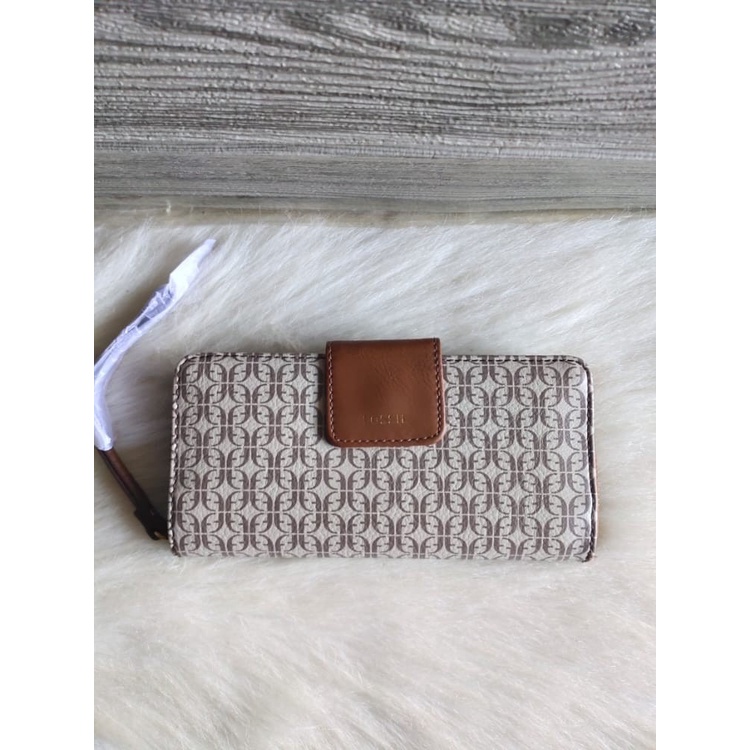 Dompet wanitaFOSSIL madison tab zip clutch taupe tan long wallet