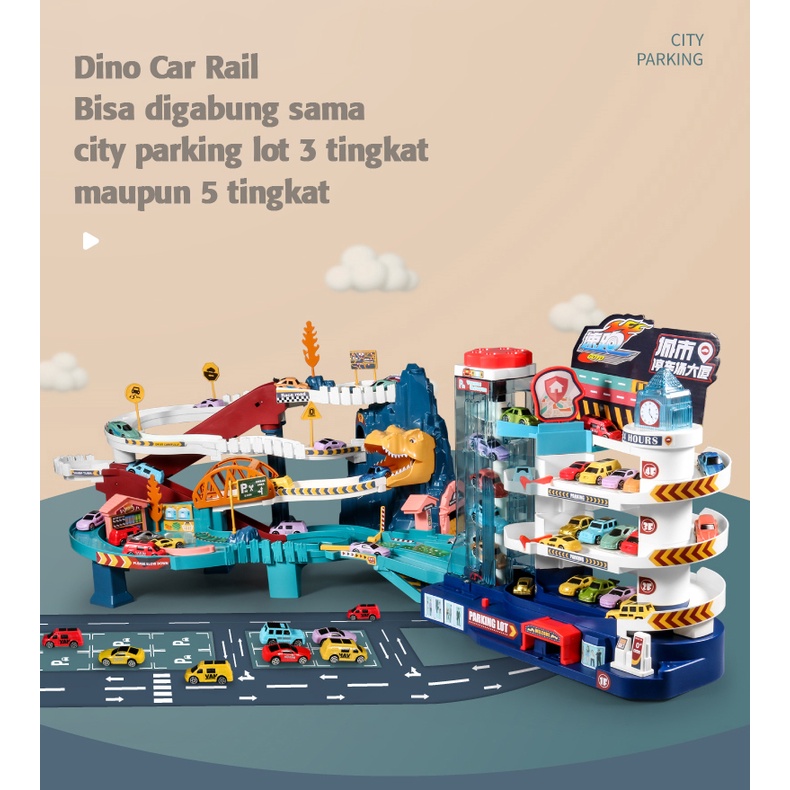 Dinosaur Rail Car Mainan Anak Mobil mobilan dino rail 4 mobil Lampu music Parking Lot Lion Mountain