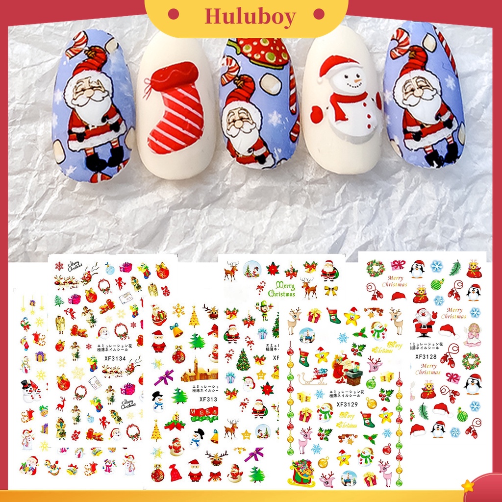 Huluboy Huluboy♡ 12pcs / Set Stiker Kuku 3D Motif Santa Claus / Rusa / Manusia Salju Warna-Warni Untuk Musim Dingin