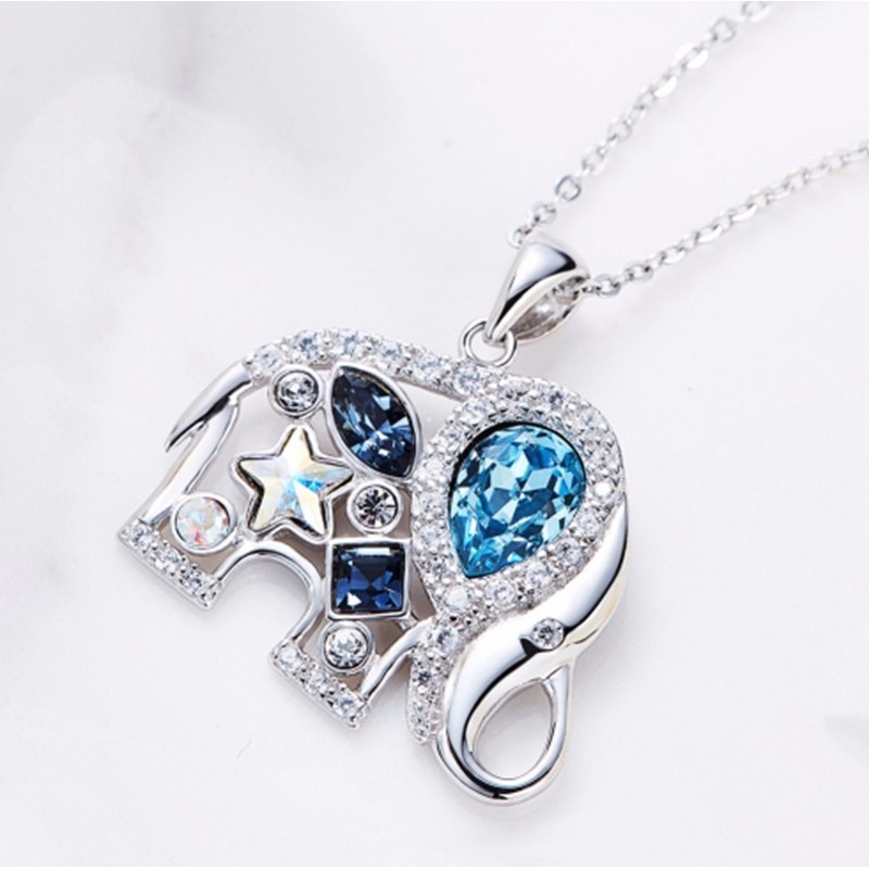 SEUSUK Good Luck Elephant Necklace Blue Stone Animal Pendant Statement Necklaces