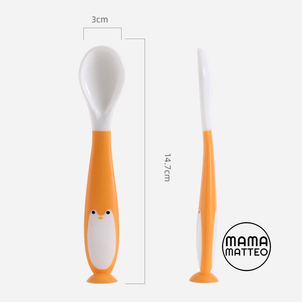 Sendok Garpu Set Makan Bayi Silikon Lentur untuk Anak Motif Penguin / Kids Baby Spoon Fork Set MPASI Bahan Silicone / Warna Pink Orange Tosca Biru Tua