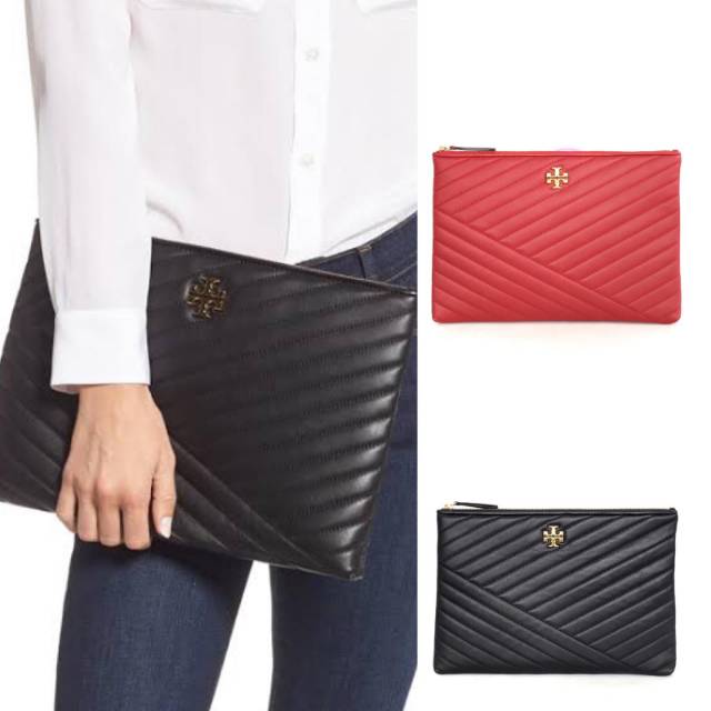 TORY BURCH Kira Chevron Leather Zip Pouch original authentic asli black hitam merah maroon red