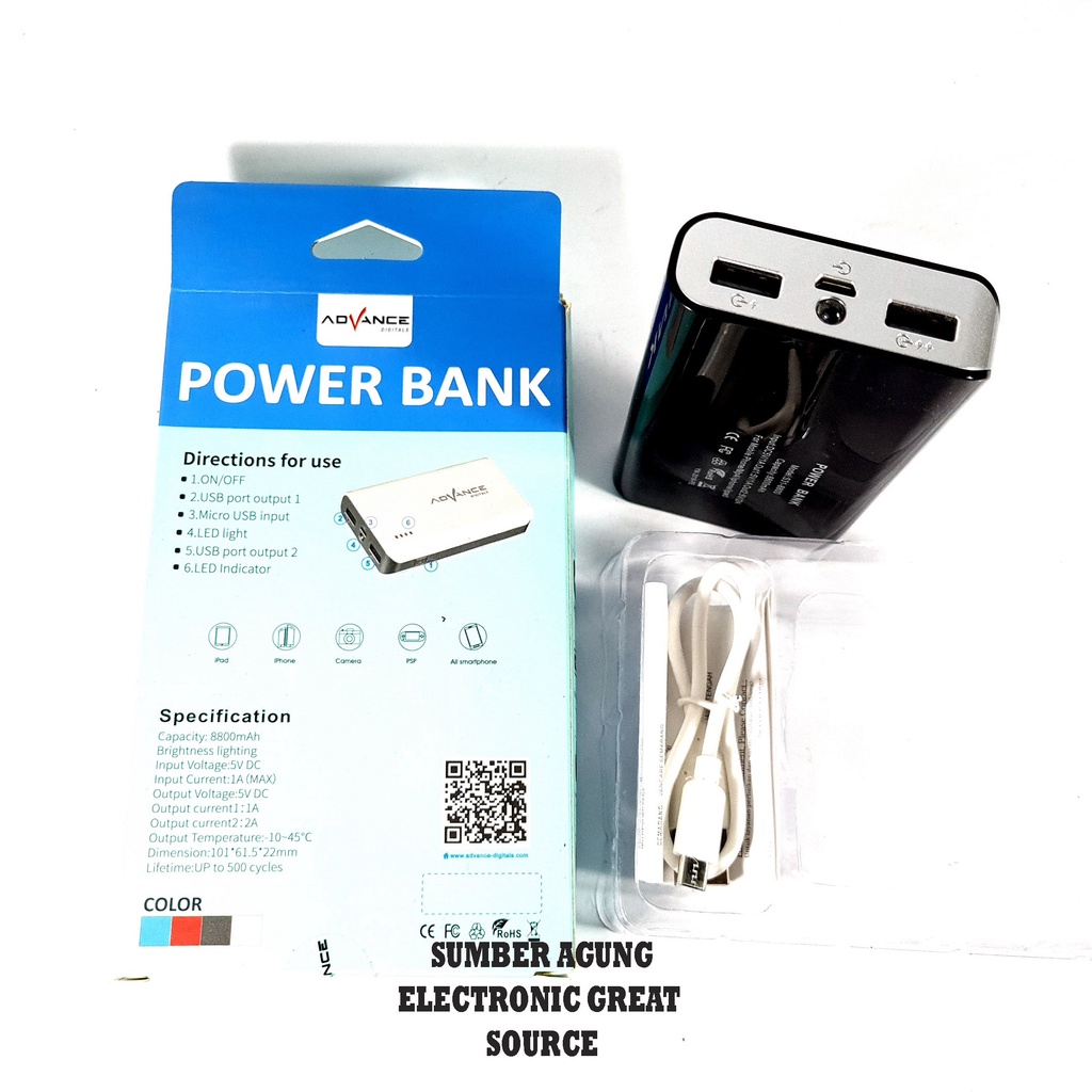 Advance Powerbank 8800mah S318800 Power Bank 2USB Lampu