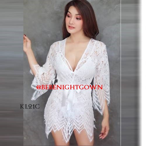 SET SEXY KIMONO LINGERIE NIGHT DRESS LACE BROKAT PREMIUM PUTIH KL21C