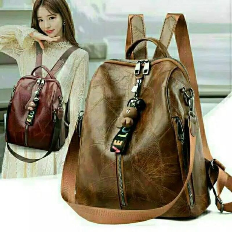 Ransel Cewek Kulit Motif Pita Love Backpack QISSWA_SHOP Korea Distro Keren Lucu Cool Kuliah Sekolah