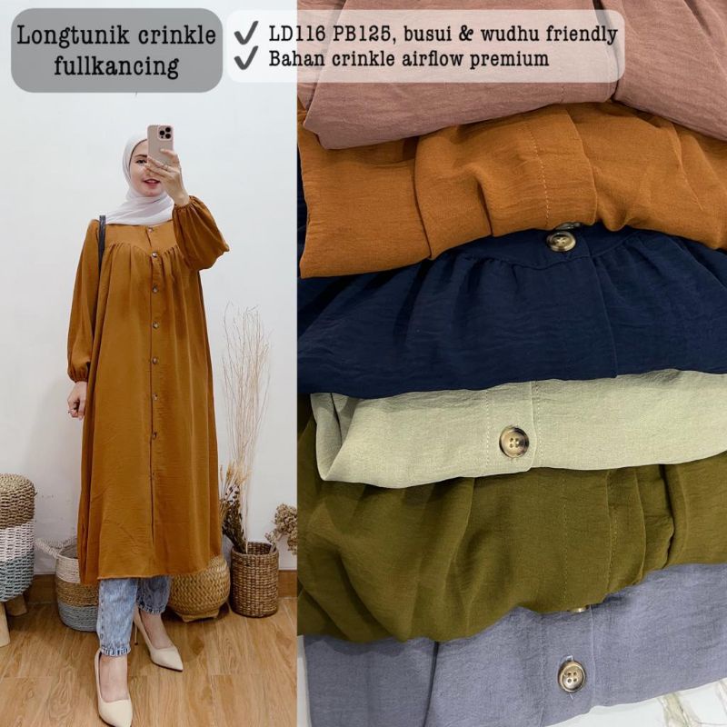 longtunik crinkle full kancing/long tunik crinkle busui