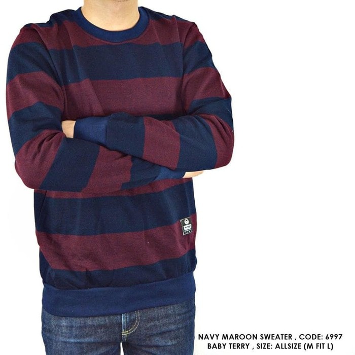 SWEATER SWITER KAOS POLOS KOMBINASI SALUR GARIS COWOK PRIA