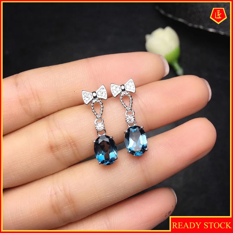 [Ready Stock]Pt950 Inlaid Blue Colored Gems Cute Bow Stud Earrings