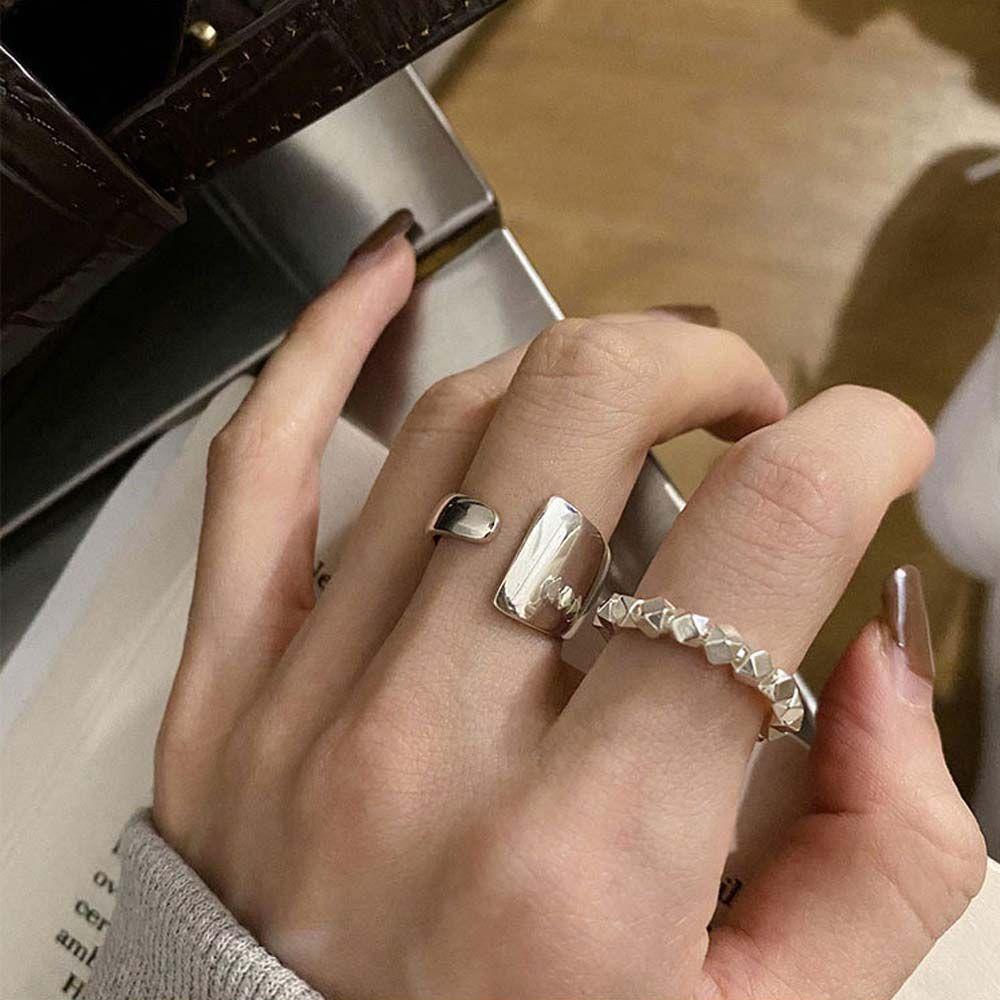 Mxbeauty Wanita Terbuka Cincin Trendi Sederhana Untuk Perempuan Manik-Manik Persegi Retro Hip Hop Jari Perhiasan