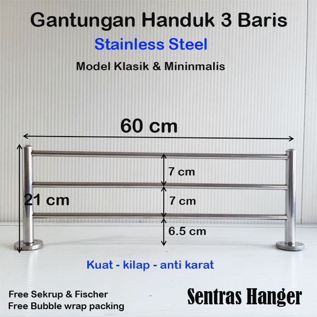 Gantungan Handuk Stainless Steel, 60 cm &amp; 70 cm, 3 Baris