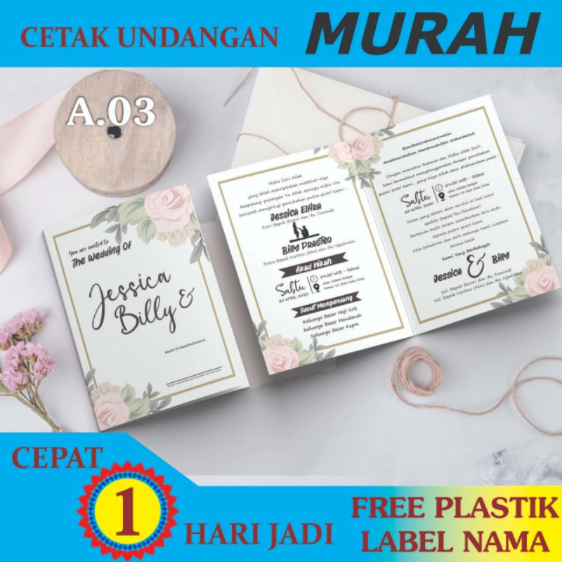 CETAK UNDANGAN PERNIKAHAN MURAH, UNDANGAN CUSTOM, VINTAGE, RUSTIC, MODERN, ELEGANT, UNIK, A.03