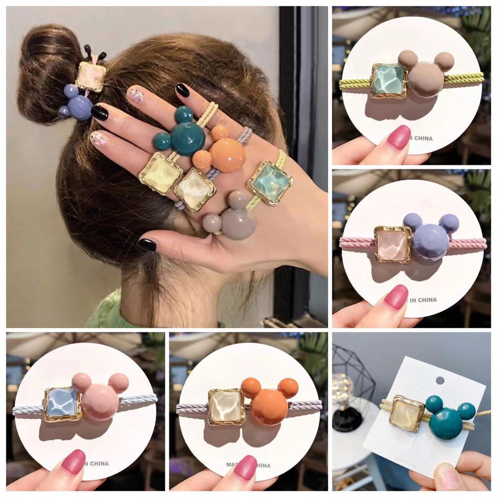 ✅COD Ikat Rambut Elastis Bentuk Mickey Persegi Aksen Berlian Gaya Korea Untuk Wanita