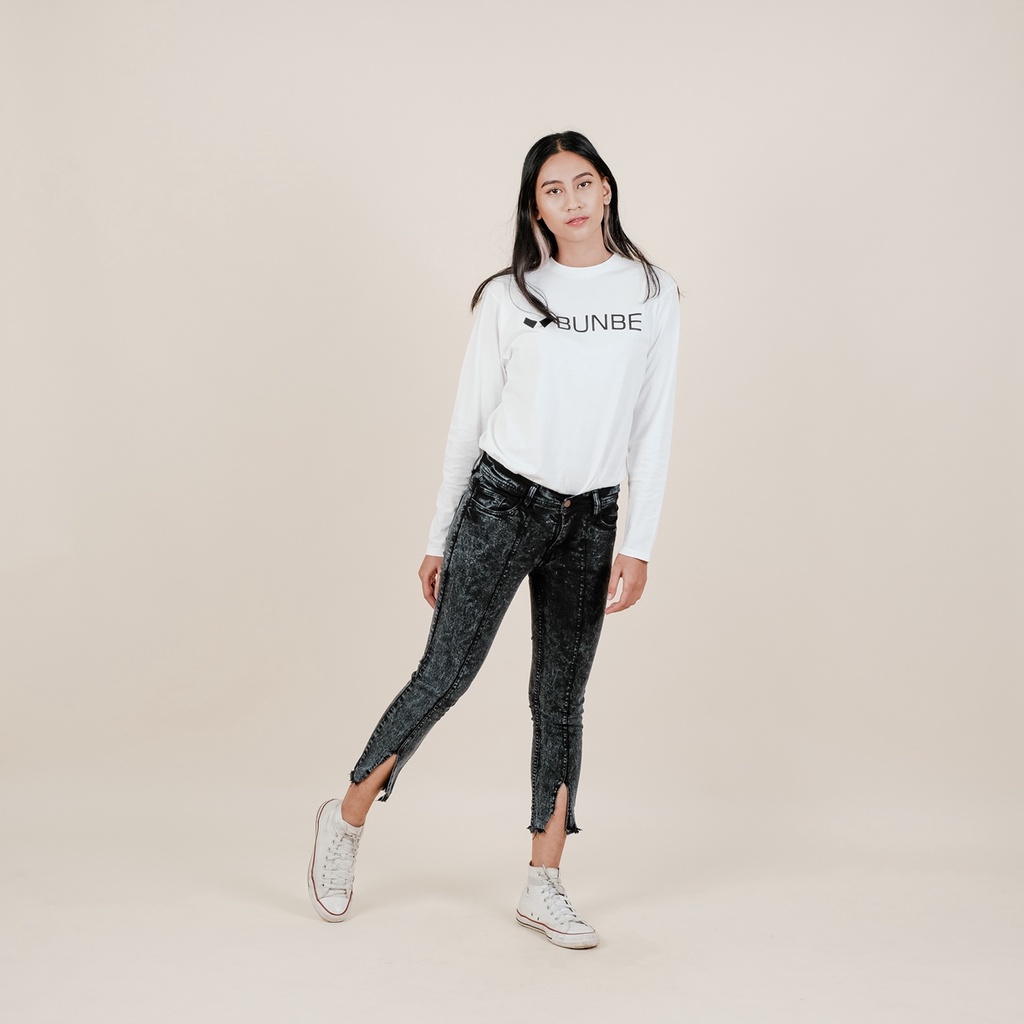 Bunbe - Celana panjang jeans wanita 7/9 snowblack snowblue