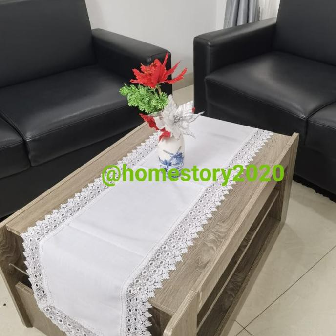 Taplak meja tamu katun renda 40x130cm - Putih