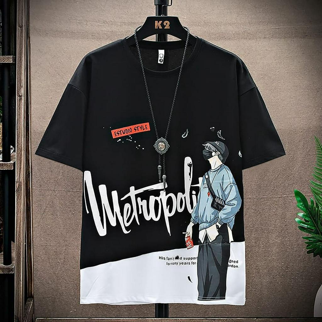 Baju Atasan Kaos Lengan Pendek Pria Kasual motif Metropolis