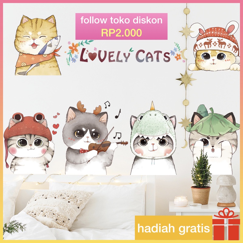 stiker wallpaper / wall stiker dinding pvc transparan （60cm*90cm）gambar kucing lucu dekorasi wallpap