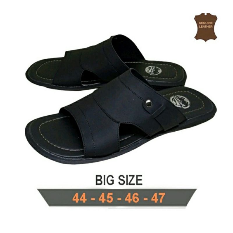 Sandal Big Size Pria 44-47 / Sendal Slide Kulit Warna Hitam JUMBO Ori, 44