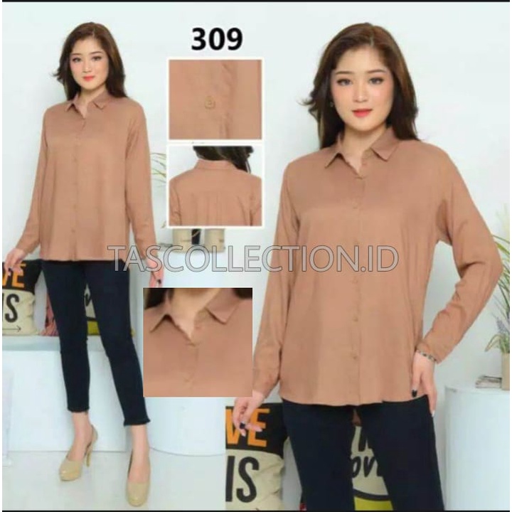 Kemeja wanita Basic lengan panjang bahan Moscrepe-MOCCA