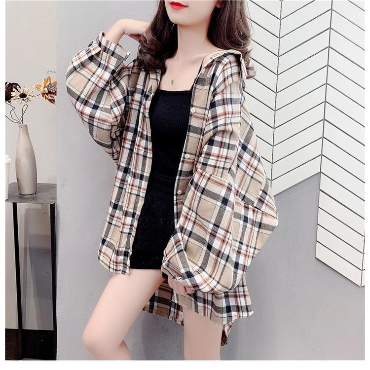 Import Korean Style Kotak Kotak Blouse Wanita/vintage Model Longgar Kemeja Wanita