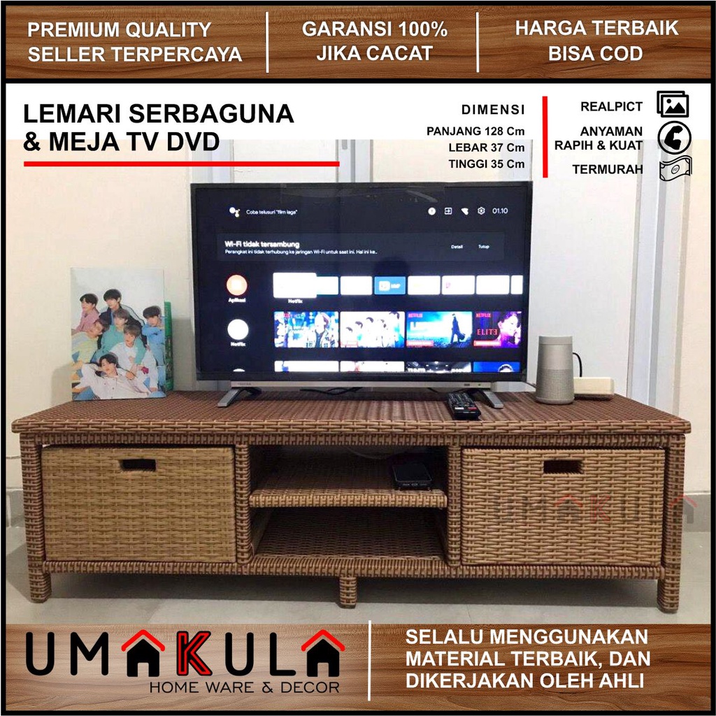 Rak Lemari Rotan Sintetis 2 Laci Buffet Bufet Meja TV Ruang Tamu Serbaguna Minimalis Murah Terbaru