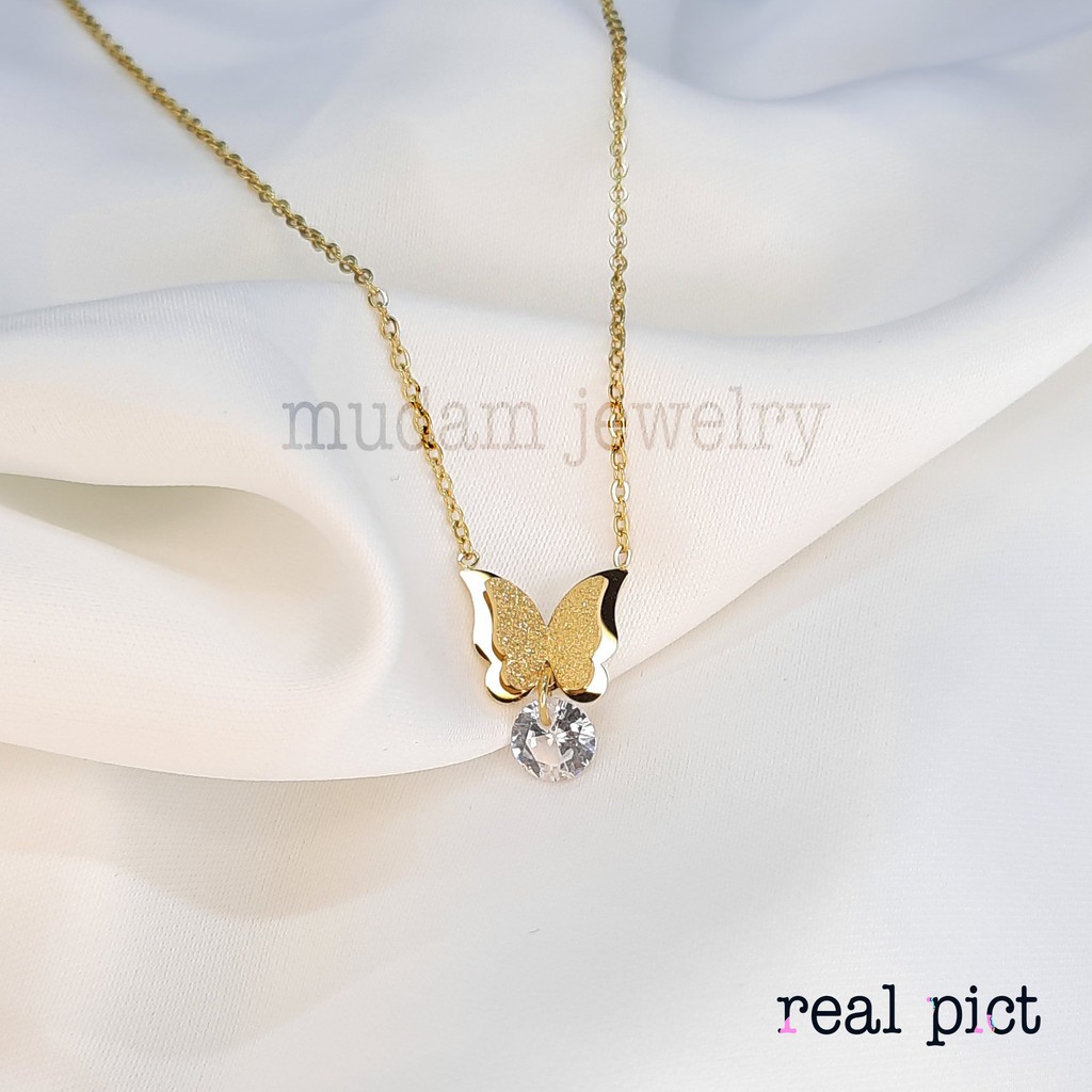 Kalung Titanium Kupu-Kupu Diamond Gantung Tersedia Warna Rosegold, Gold dan Silver