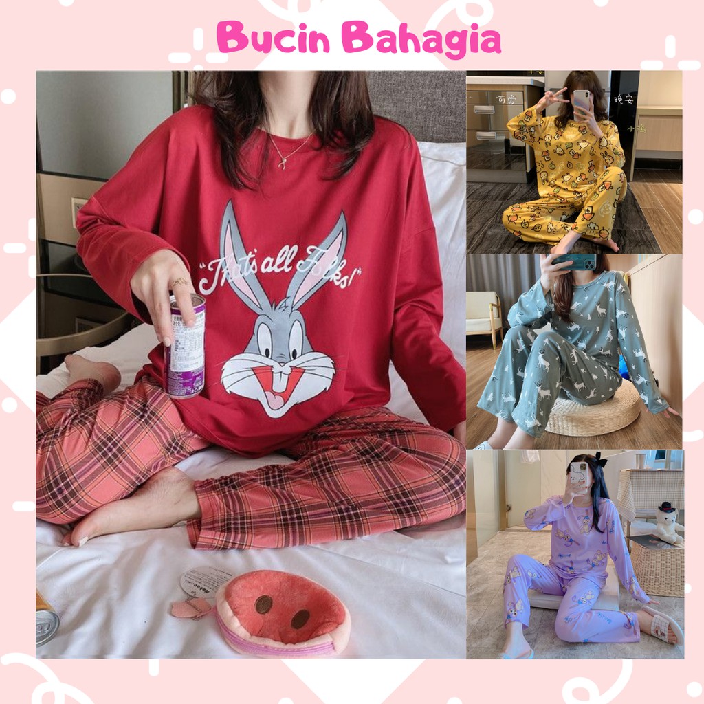 Pakaian Wanita Baju Tidur Wanita Piyama Lengan Panjang Celana Panjang Motif Kartun BT02