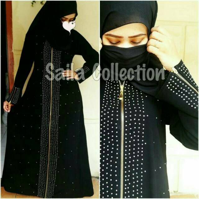 Exclusive Abaya Ziper Mata Resleting Depan Tembaga Swarosky Bahan Jetblack Boutique Hitam Saudi Arab