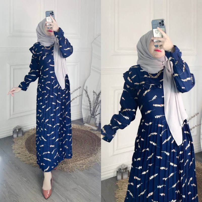 GAMIS MAXI DRESS RAYON PREMIUM LD 100 - 110 HOMEYDRESS BUSUI BAJU GAMIS SERAGAM MOTIF TERBARU V.2-DYA DRES NAVY WOLFIS