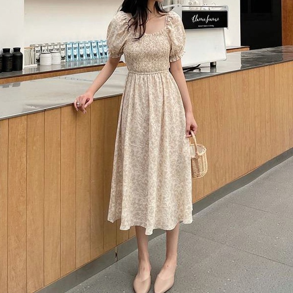 MOOGU ♡ DRESS bunga lengan pendek wanita korea midi dress / dres