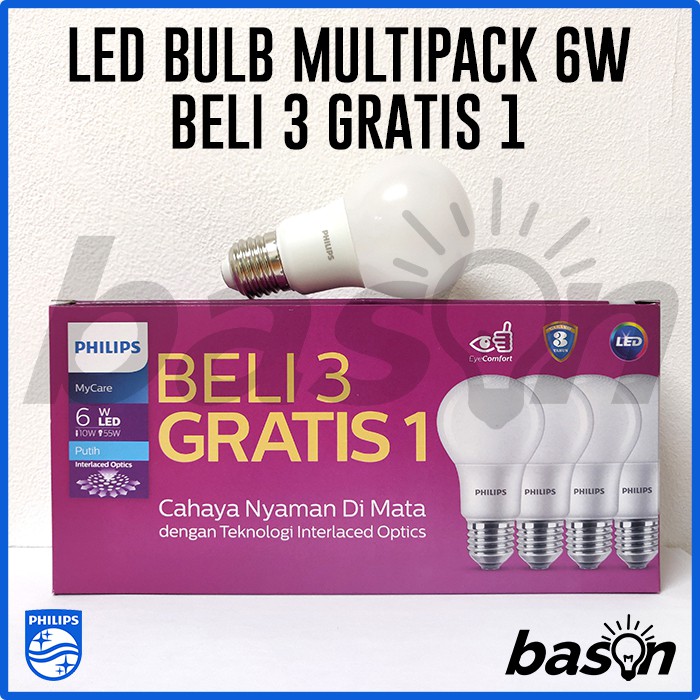 PHILIPS MyCare LED Bulb Paket Multipack 6W Putih - isi 4bh