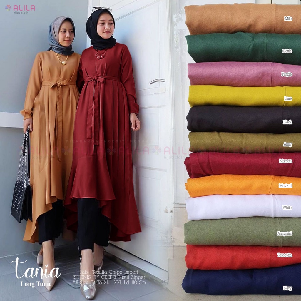 [ NEW ]  TANIA  LONG TUNIK LD 110 ORI Berlabel By ALILA /READY RESTOK TERUS /ZIPER DEPAN /BELT DPT D