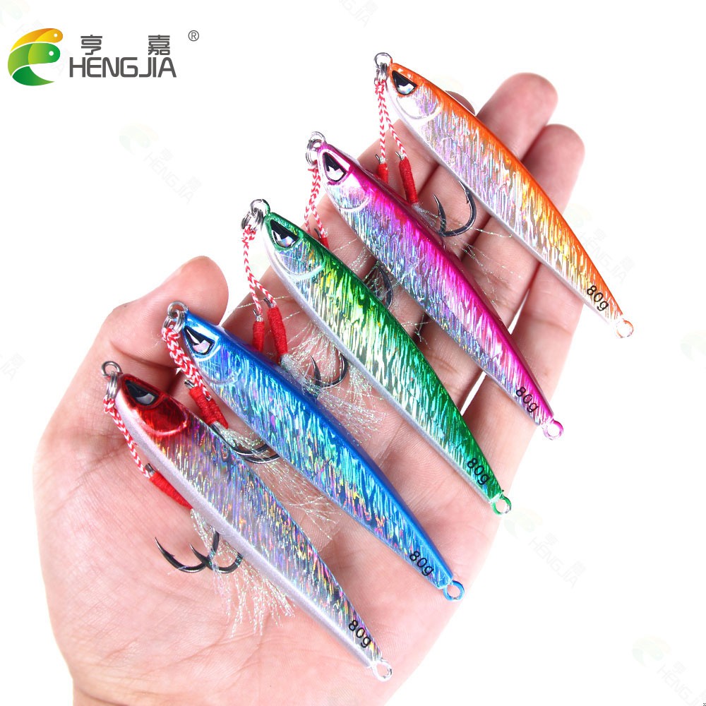 HENGJIA 1pcs 80g umpan pancing metal jigs lead fishing lure with Assist Double Feather Hooks kail swimbait bass ikan lifelike