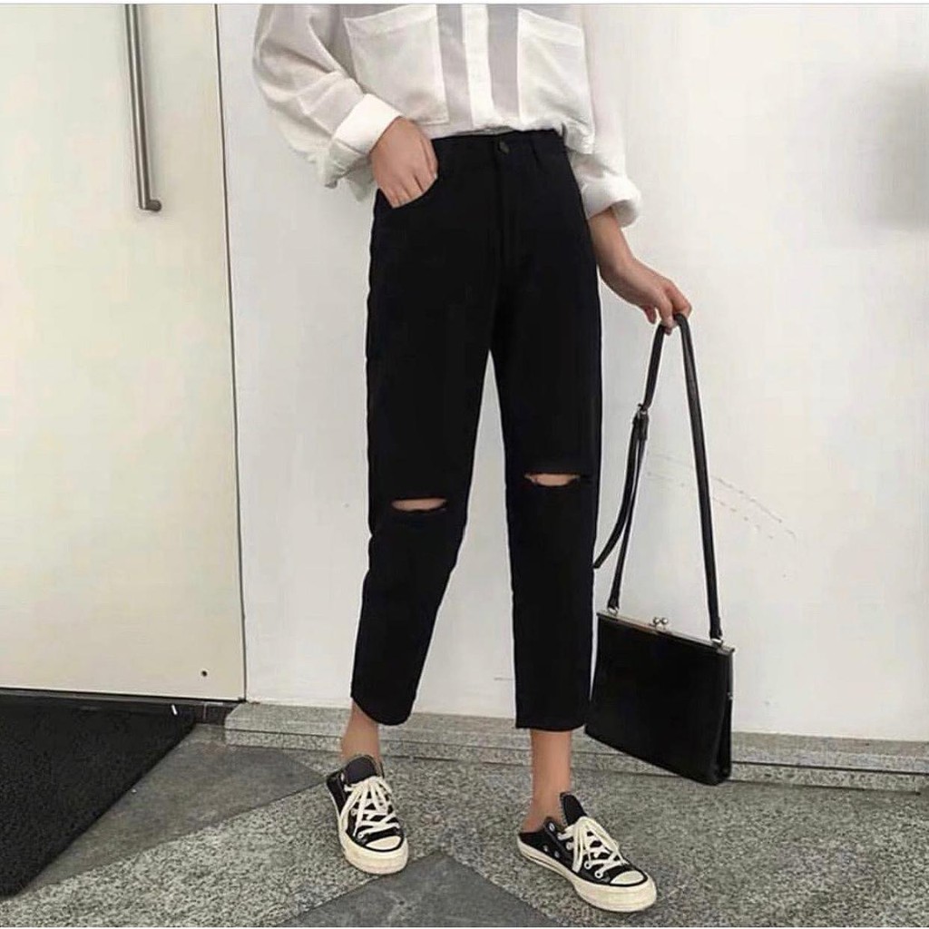 jeans boyfriend hitam custom sobek lutut / celana boyfriend hitam ripped knee sobek lutut bigsize