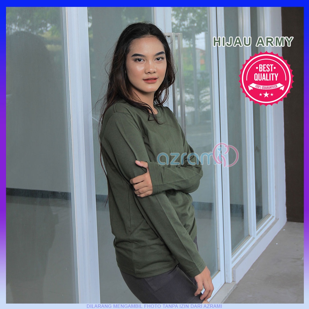 AZRAMI - Kaos Polos Wanita Lengan Panjang Premium Warna Hijau Army