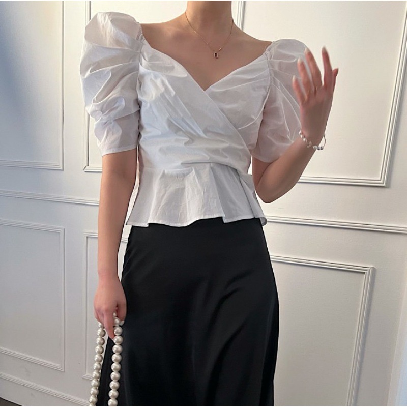 #Sisjuly # Wanita Baru Gaun Musim Panas Perancis Retro Romantis Cross V-Neck Lengan Puff Ruffle Slim