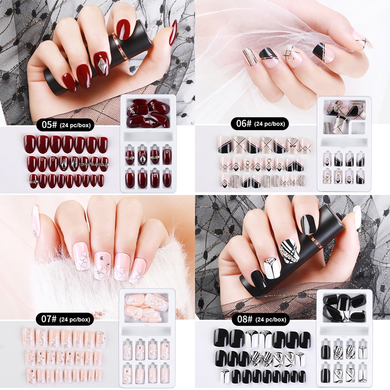 24 Pcs Kuku Palsu Full Cover Aksen Berlian Imitasi Untuk Nail Art