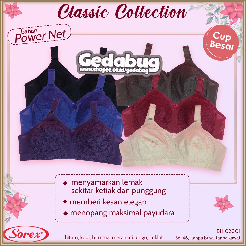 Bh Bra Sorex Renda 02001 CLASSIC Jumbo Besar BIG SIZE CUP Brukat Tanpa Kawat Daleman Wanita