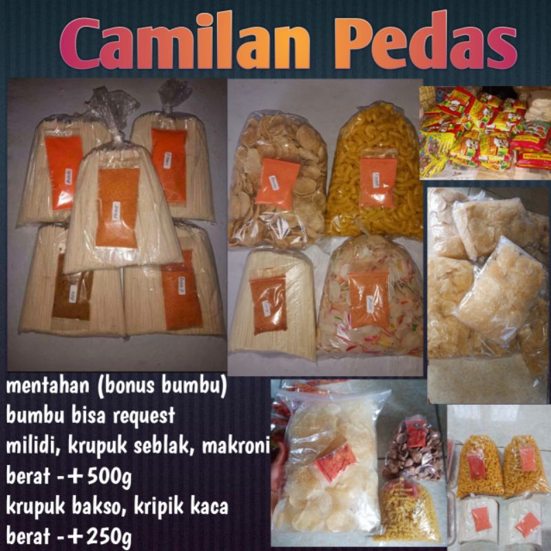 

mentah (bonus bumbu)milidi , kripik kaca, krupuk bakso, makroni