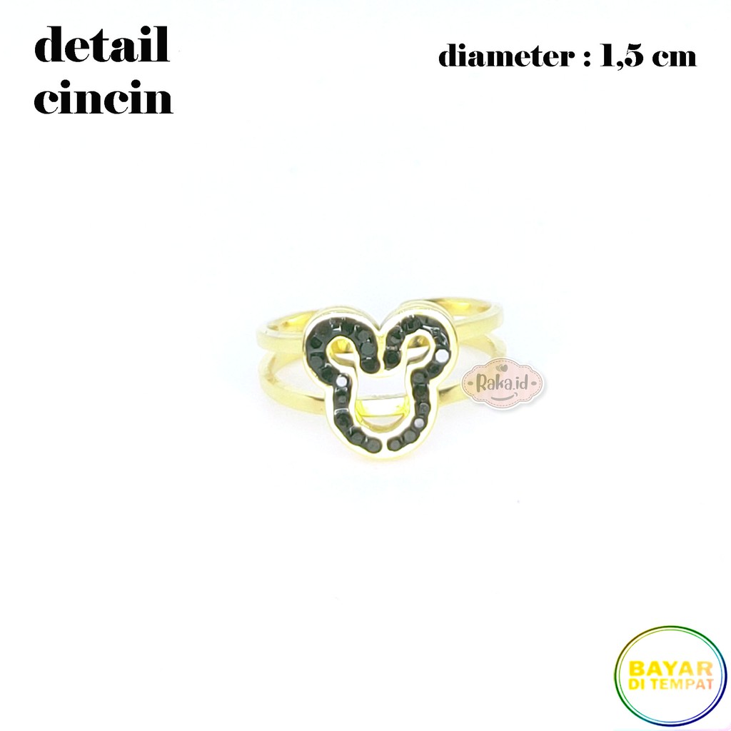 Paket Set Titanium Anak Kalung + Gelang + Cincin + Anting Mickey Hitam Stainless Steel Gold 638
