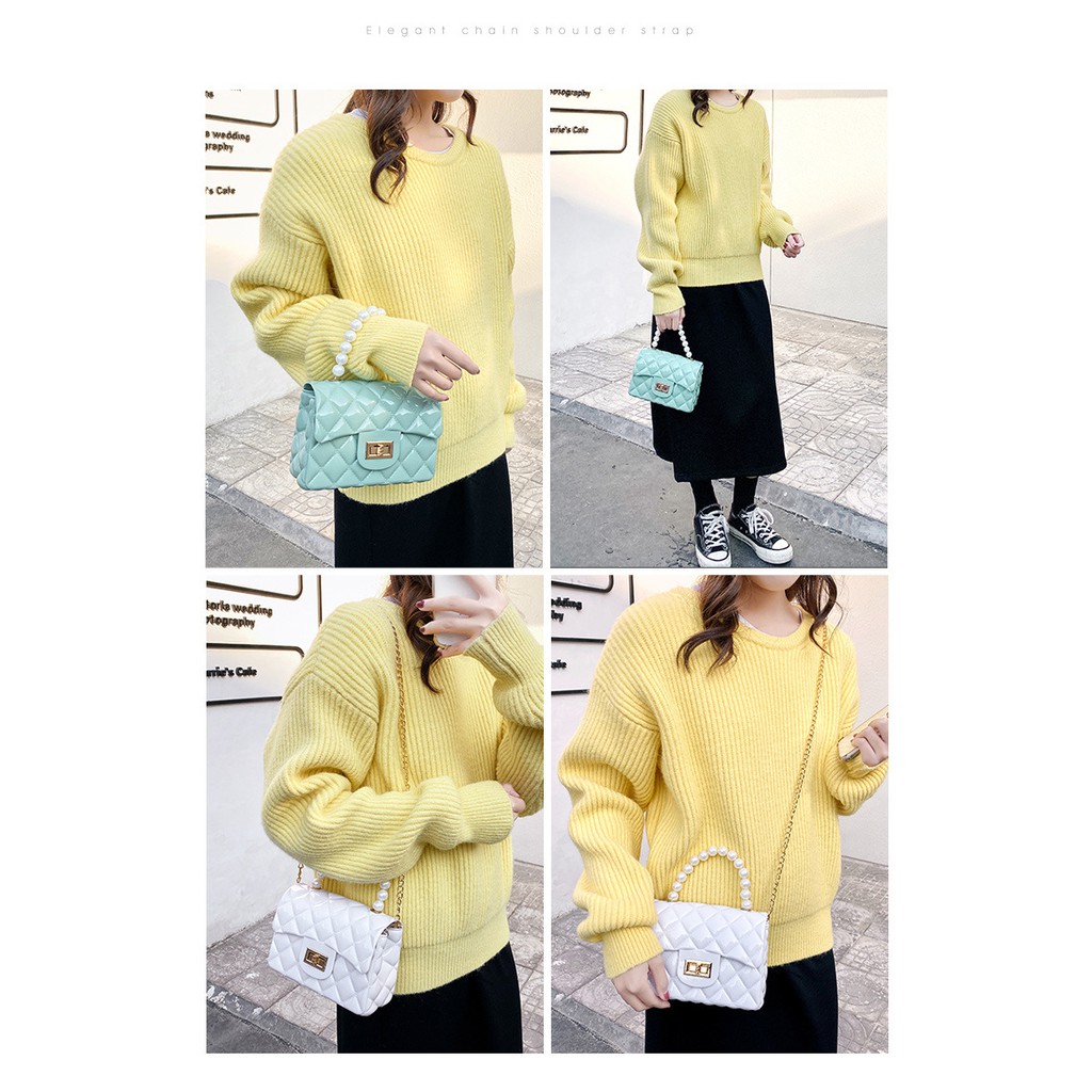 TAS JELLY IMPOR GLOSSY MUTIARA HANDLE TANGAKAI MUTIARA SELEMPANG UKURAN DEWASA