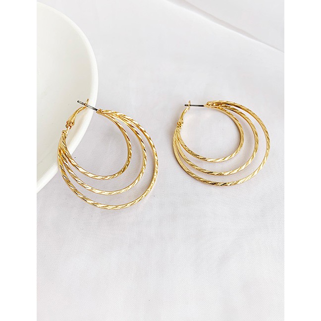 LRC Anting Tusuk Fashion Golden Alloy Three Layer Circle Stud Earrings D84446