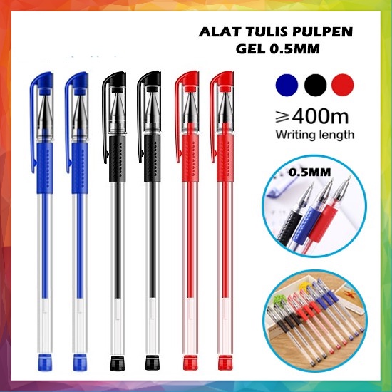 Pulpen Gel Ink 0.5Mm Alat Tulis Kantor Sekolah Pena Pen Tinta Cair Standart Warna Merah Hitam Biru