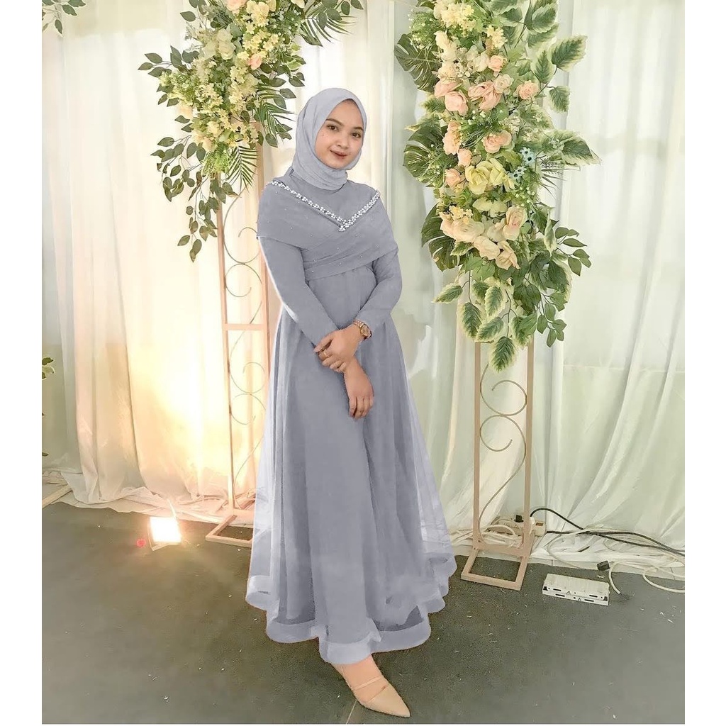 ELDE 12 - DRESS MAXI PRICILLA SIZE M L XL bahan moscrepe aplikasi mutiara tembak mewah dibawah mostcrepe lapis organza full keliling sleting dan karet blkg-6