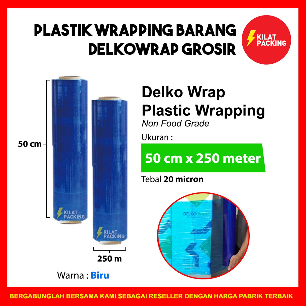 PLASTIK WRAPPING BARANG - STRETCH FILM BIRU - DELKOWRAP - 50CM X 300M TERMURAH SATUAN