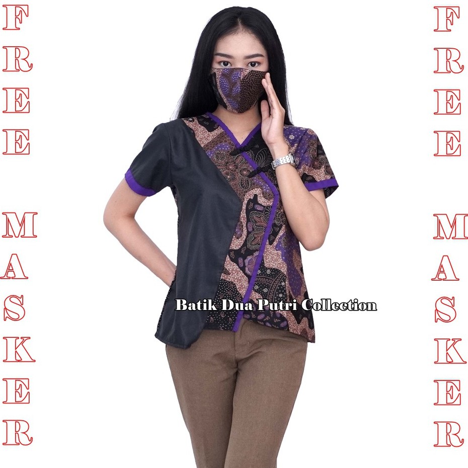 Couple Batik Atasan Wanita Kemeja Pria Wara Ungu Kombinasi Hitam By Batik Dua Putri Collection