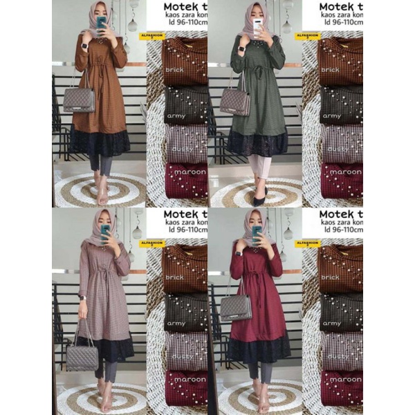Motek 2 Tunik Wanita Remaja Dewasa Bahan Kaos Zara Kombi Renda Serut Pinggang Casual Cantik Formal